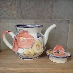 Studio Pottery Teapot With Lid Artist Signed Floral 6" Height